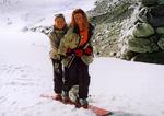 Kristi and Cherie "tandem snowboarding" in Soelden, Austria.  (Do not try this at home.)