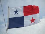 The flag of Panama flying off Scirocco.  You always fly two flags, the country where the boat is registered, and a courtesy flag of the country whose waters you are exploring.