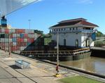 The Panama Canal with a Panamax vessel exiting the "Mira Flores" locks.