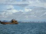 A ship crosses our path in front of Panama City.