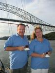 Rennie and Anne with their morning cups of coffee as we head under the Bridge Across America.