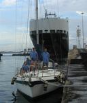 Scirocco waiting to transit the final locks of the Panama Canal.  (No one say anything...but Nick is not wearing any pants.)