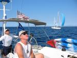 Ray and Lee of Shaka examine their sail trim. *Photo by Stacey.