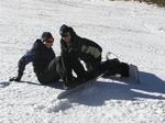 Tiffany and Carrie ready to board down the mountain.