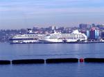 From the deck of the USS Midway, cruise ships look like toy boats.