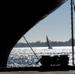 Sailboats slide right by the aircraft carrier.