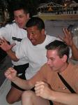 New friends Paul, Joe and Kevin cheer on their hermit crabs at Stixx in St. Croix.