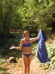 Jean with her swatch of blue felt, otherwise known as a camp towel.