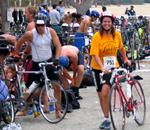 Cherie in the transition area.  Time for the 11-mile bike.