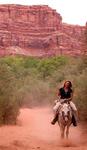 Through the red rock and red dust, Cherie and her mule emerge. *Photo by Jean.