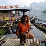 Cherie at a small fishing village near the raft-houses.