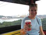 Margaret enjoys a Starbucks coffee during the ride over.