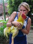 Hannah kisses the yellow chicken.