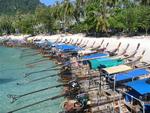 Long boats lined up on Phi Phi's shore.