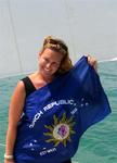 Cherie with the Conch Republic Flag.  The Keys succeeded from the Union, and we actually their own country for a few hours!