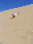 And he's off, sliding down the sand dune on a boogie board.