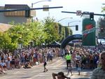 Crowds gather at the finish line.