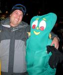 Snowboarding Mark cuddles Gumby.