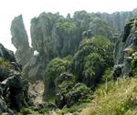 The craggy pancake rocks viewed through the mist of the Tasman Sea.