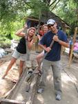 Greg, Camelia & Cherie use ‘mazos’ (mallets) to pretend to smash the agave in a wooden trough which is called a ‘batea’.  Who knew making Raicilla was so much work!