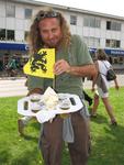 Brian with the Flemish flag, Dutch beer and French fries.