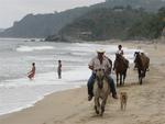 Horses gallop down the beach.