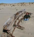 Cherie near the wreck of the George L. Olson, which was exposed in the sand dunes off Coos Bay, Oregon in Feburary 2008 after a series of violent winter storms.