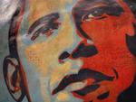 Detail of "Hope" artwork by Shepard Fairey composed of collage, stencil and acrylic on paper.