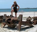 Cherie stands on one of the 4 anchors that will assure that The Vandenberg remains secure to the seafloor.