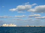 The first glimpse of The Vandenberg as she is towed into Key West Harbor on April 22, 2009.