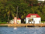 A charming fuel dock, complete with authentic british call box!